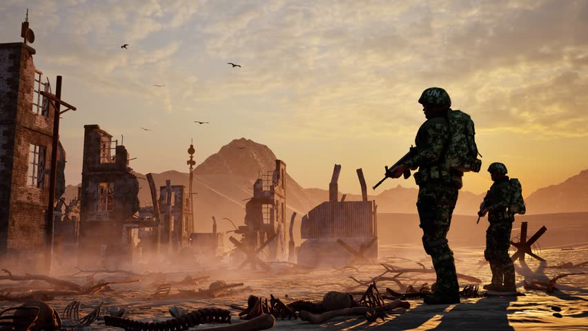 Dystopian, post apocalyptic ruined destroyed city on desert arid environment, on sunset, with bones scattered all over, dust particles, and 2 soldiers guarding, 3D animation, dolly left