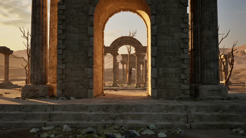 Ancient Greek Hellenic temple ruins on desert arid environment with stones, pillars, ruined walls and dead trees, 3D animation slow zoom in - Powered by Shutterstock - Get 15% off with code: PIKWIZARD15