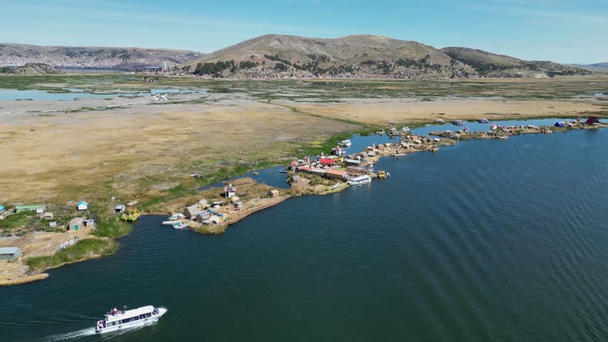 Lake Titicaca tour boat visits Uros floating islands of Peru, aerial