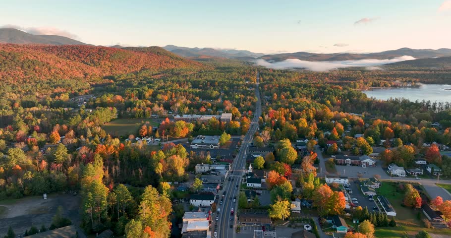 Aerial view of Schroon Lake, NY, showcasing the small town