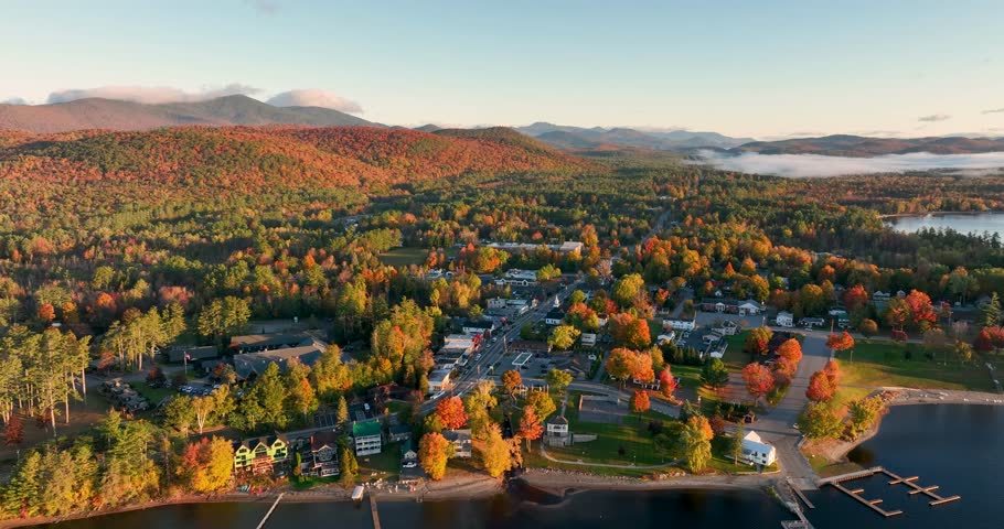 Aerial view of Schroon Lake, NY, showcasing the small town