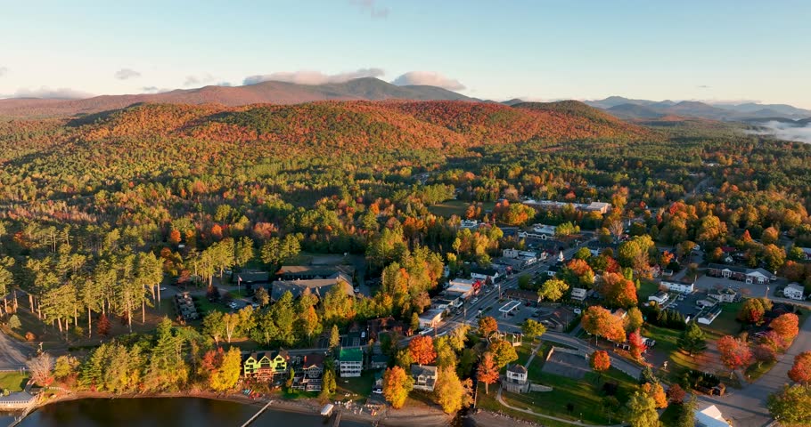 Aerial view of Schroon Lake, NY, showcasing the small town