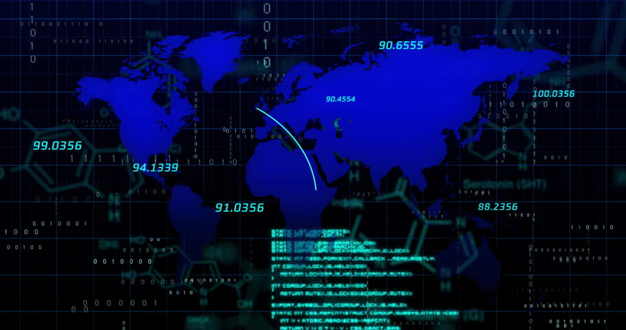 Animation of digital data processing over world map. Global connections, computing and data processing concept digitally generated video.