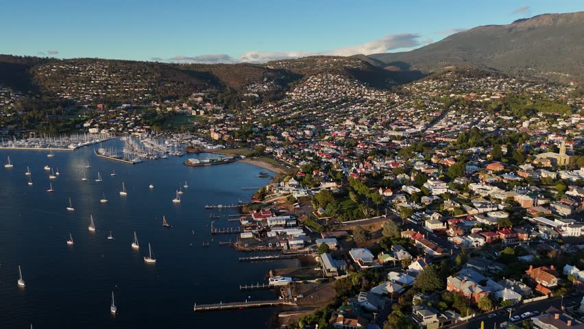 High panoramic view over Hobart city and the marina in Tasmania, Australia.
