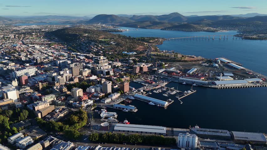Aerial view over the constitution dock area of Hobart City in Tasmania, Australia.