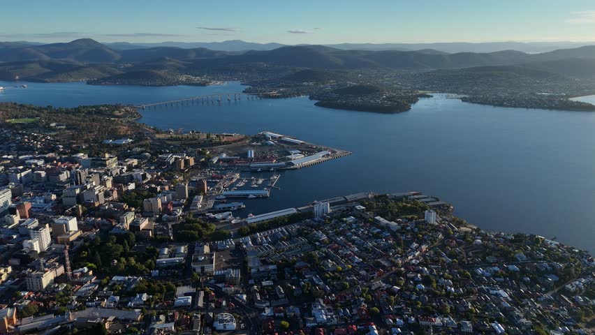 Hobart City and the Derwent River seen from the sky in Tasmania, Australia.