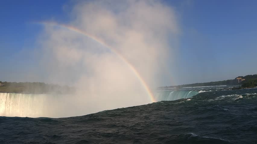 Incredible view of Niagara Falls with rainbow over water mist, Low angle pov from edge of fall