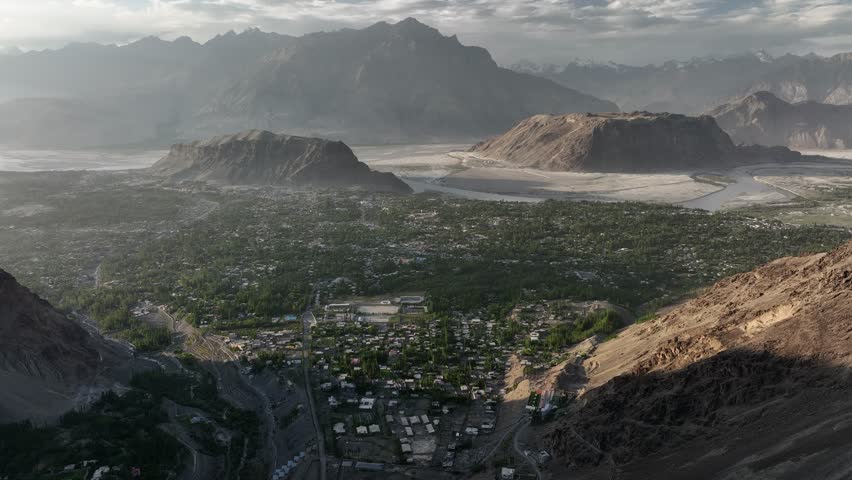 Drone view over Skardu in Northern Pakistan at sunrise.