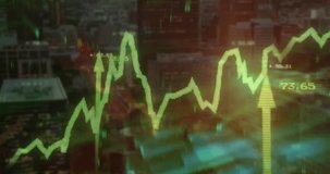 Animation of financial data processing and arrows over cityscape. Global business, finances and digital interface concept digitally generated video. - Powered by Shutterstock - Get 15% off with code: PIKWIZARD15
