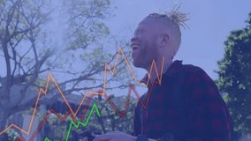 Animation of financial data processing over albino african american businessman with smartphone. Global finance, business, connections, computing and data processing concept digitally generated video. - Powered by Shutterstock - Get 15% off with code: PIKWIZARD15