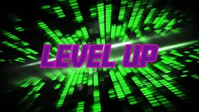 Animation of level up text in purple over flashing green blocks of light on dark background. Retro, gaming, network, data, processing, digital interface and communication, digitally generated video. - Powered by Shutterstock - Get 15% off with code: PIKWIZARD15