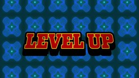Animation of level up text and explosion over blue kaleidoscopic background pattern. Retro, gaming, network, data, processing, digital interface and communication, digitally generated video. - Powered by Shutterstock - Get 15% off with code: PIKWIZARD15