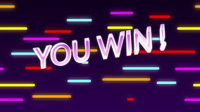 Animation of you win text in glowing white and purple over neon lines on dark background. Retro, gaming, network, data, processing, digital interface and communication, digitally generated video. - Powered by Shutterstock - Get 15% off with code: PIKWIZARD15