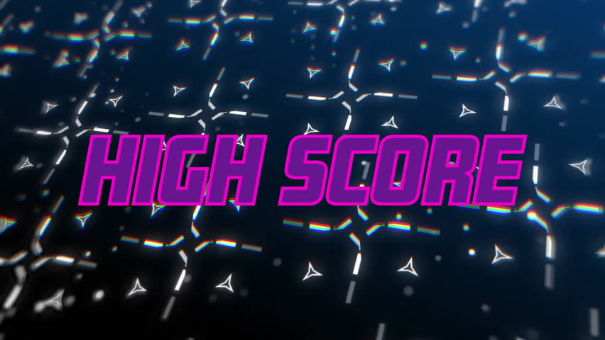 Animation of high score text in purple over moving white pattern on dark background. Retro, gaming, network, data, processing, digital interface and communication, digitally generated video. - Powered by Shutterstock - Get 15% off with code: PIKWIZARD15