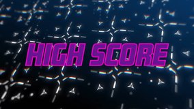 Animation of high score text in purple over moving white pattern on dark background. Retro, gaming, network, data, processing, digital interface and communication, digitally generated video. - Powered by Shutterstock - Get 15% off with code: PIKWIZARD15