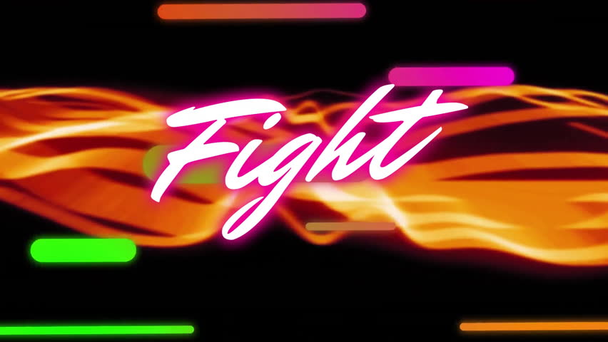Animation of fight text in glowing pink over colourful lines and orange waves on black. Retro, gaming, network, data, processing, digital interface and communication, digitally generated video. - Powered by Shutterstock - Get 15% off with code: PIKWIZARD15