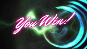 Animation of you win text in glowing pink over blue circular tunnel and green wave on black. Retro, gaming, network, data, processing, digital interface and communication, digitally generated video. - Powered by Shutterstock - Get 15% off with code: PIKWIZARD15