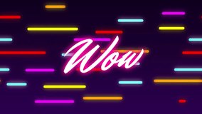 Animation of wow text in glowing pink over colourful neon lines moving on dark background. Retro, gaming, network, data, processing, digital interface and communication, digitally generated video. - Powered by Shutterstock - Get 15% off with code: PIKWIZARD15