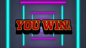 Animation of you win text and explosion over pink and blue neon lights on dark background. Retro, gaming, network, data, processing, digital interface and communication, digitally generated video. - Powered by Shutterstock - Get 15% off with code: PIKWIZARD15