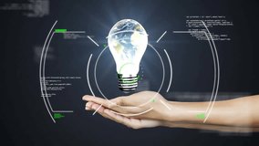 Animation of scope scanning and data processing over hand with lightbulb. Global technology, science and digital interface concept digitally generated video. - Powered by Shutterstock - Get 15% off with code: PIKWIZARD15