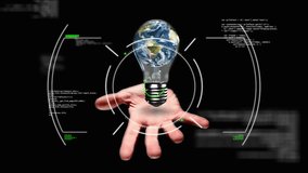 Animation of scope scanning and data processing over hand with lightbulb. Global technology, science and digital interface concept digitally generated video. - Powered by Shutterstock - Get 15% off with code: PIKWIZARD15