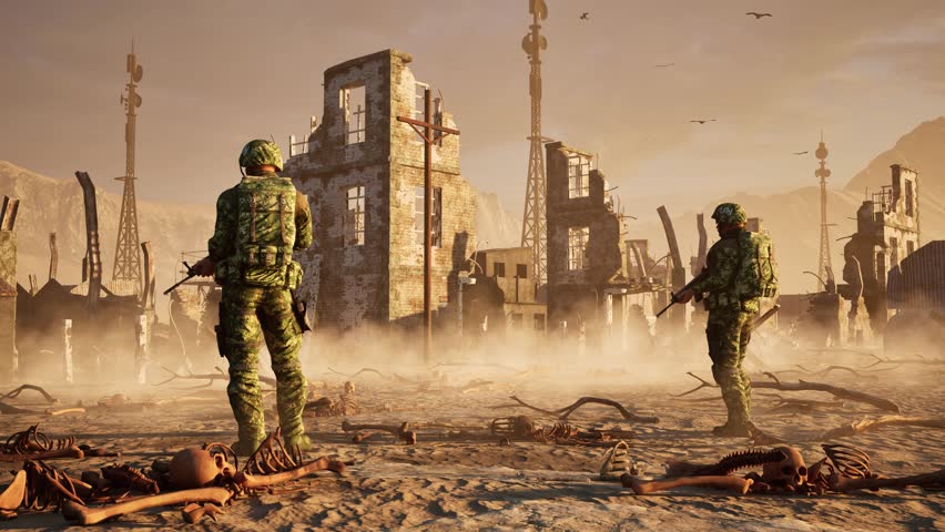 Dystopian, post apocalyptic ruined destroyed city on desert arid environment, on sunset, with bones scattered all over, dust particles, and 2 soldiers guarding, 3D animation, static camera