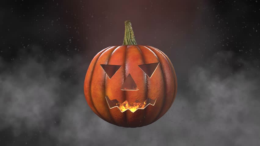 Halloween pumpkin with fire burning inside it, dust particles, and fog, on black background 3D animation
