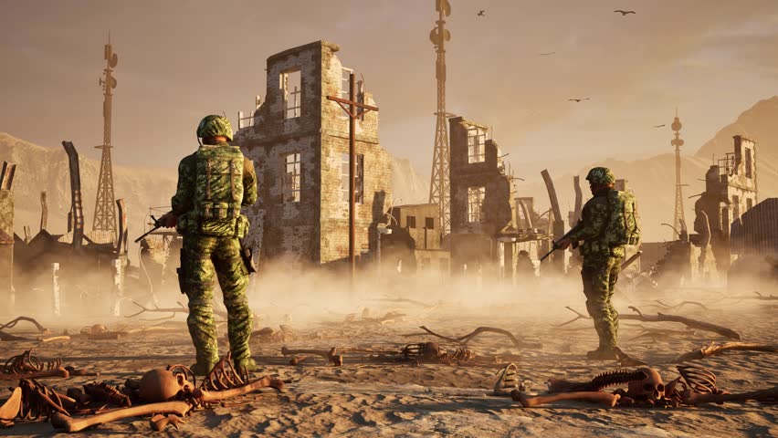 Dystopian, post apocalyptic ruined destroyed city on desert arid environment, on sunset, with bones scattered all over, dust particles, and 2 soldiers guarding, 3D animation, slow zoom out