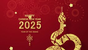 Chinese New Year 2025. Year of the Snake Celebration. Elegant greeting design for Chinese New Year 2025, featuring a golden snake, firework patterns, and festive wishes on a red background. - Powered by Shutterstock - Get 15% off with code: PIKWIZARD15