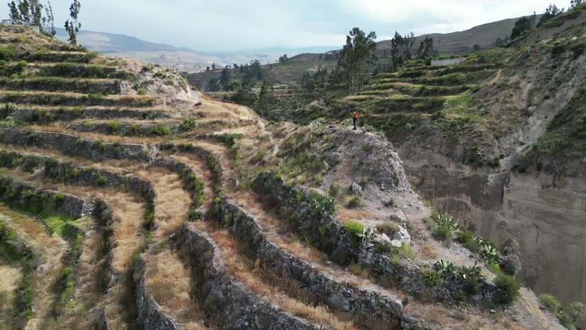Aerial orbits man on agriculture terraces in Colca River canyon, Peru