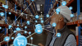 Animation of network of connections with icons over caucasian male worker in warehouse. Global shipping, business, connections and digital interface concept digitally generated video. - Powered by Shutterstock - Get 15% off with code: PIKWIZARD15