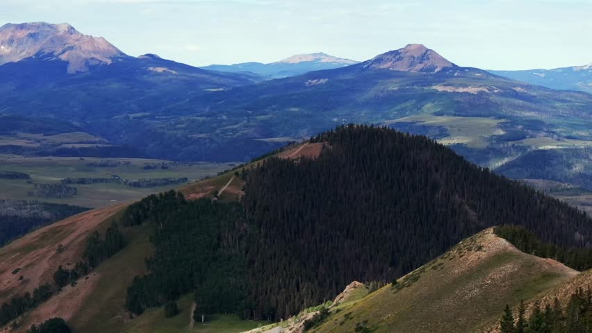 Telluride airport Box Canyon Colorado Summer Last Dollar Road aerial drone Mount Sneffels Wilderness ranchland San Juan Rocky Mountains Uncompahgre Forest landscape parallax circle right