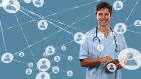 Animation of network of connections with icons over caucasian male doctor. Global medicine, connections, computing and data processing concept digitally generated video. - Powered by Shutterstock - Get 15% off with code: PIKWIZARD15