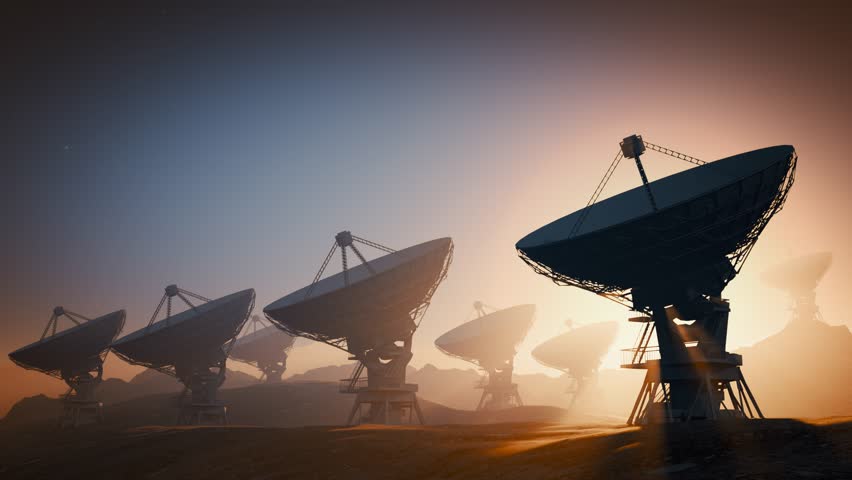 Array of radio telescopes for observation radio signals from space at night.