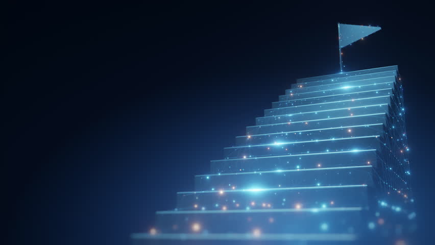 Abstract glowing staircase with a flag at the top, symbolizing business success, achievement, and reaching goals in a futuristic, digital environment.