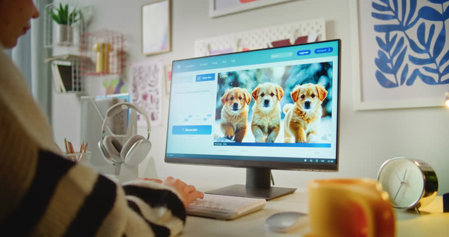 Girl types text prompt in AI video generator on computer. PC screen shows artificial intelligence software generating detailed video of three puppies. AI video creation technology. Automated artwork.