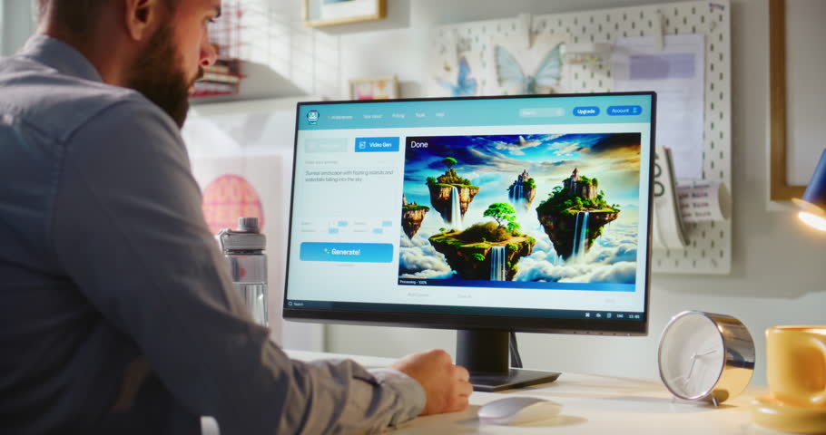 Adult man types prompt in artificial intelligence software on computer. AI video generator creates detailed video of floating islands. Advanced AI video creation technology. Futuristic generative art.