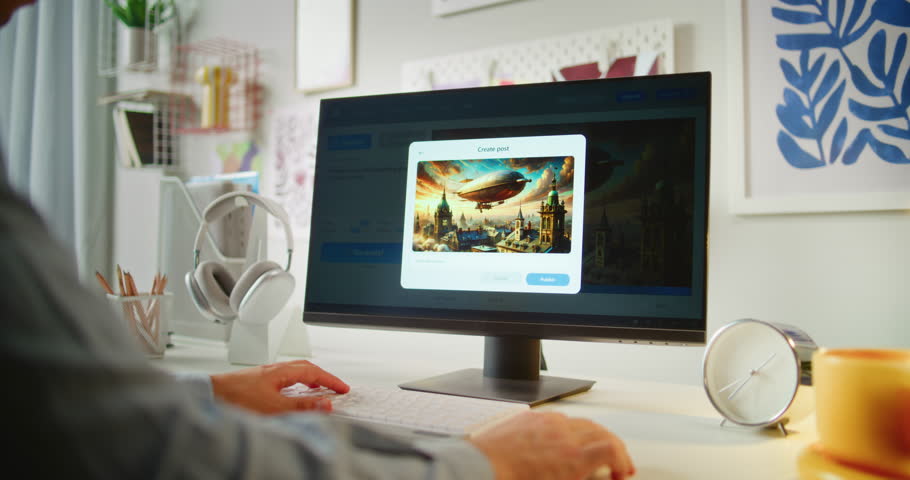 Young man types text prompt in artificial intelligence app on computer. AI image generator creates detailed photo of steampunk airship. Advanced AI generated image creation. Futuristic generative art.