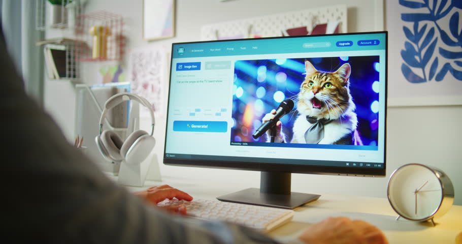 Man types prompt in AI image generator on computer. PC screen shows artificial intelligence generating detailed photo of funny cat. From text prompt to realistic generated image. Automated artwork.