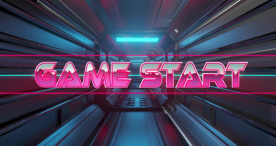 Animation of game start text over digital tunnel. Communication, retro future and digital interface concept digitally generated video.