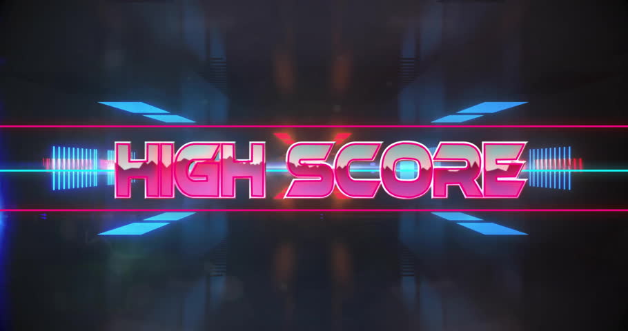 Animation of high score text over neon tunnel. Communication, retro future and digital interface concept digitally generated video.