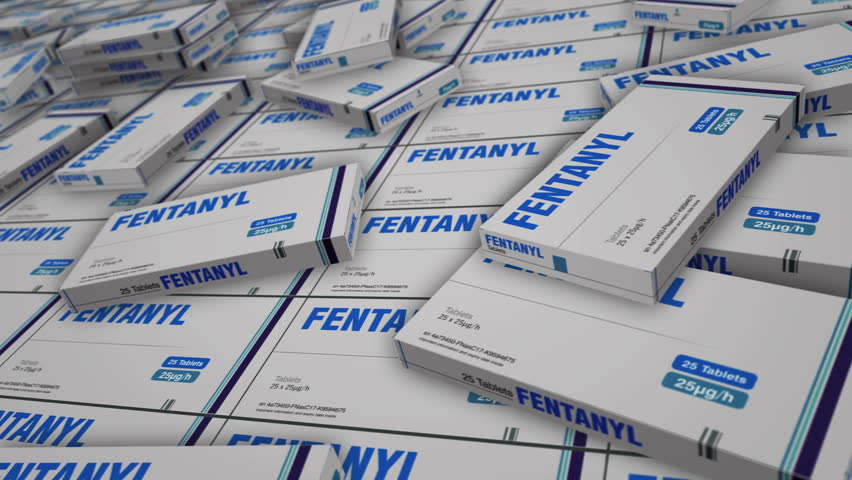 Fentanyl opioid painkiller tablets box production line. Medical pain drug Cardboard pack factory. Abstract concept background 3d loopable seamless.