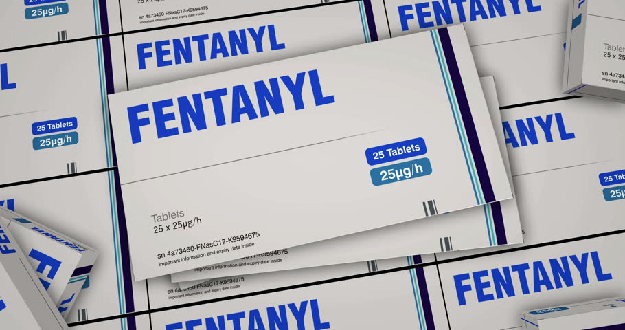 Fentanyl opioid painkiller tablets box production line. Medical pain drug Cardboard pack factory. Abstract background concept 3d animation.