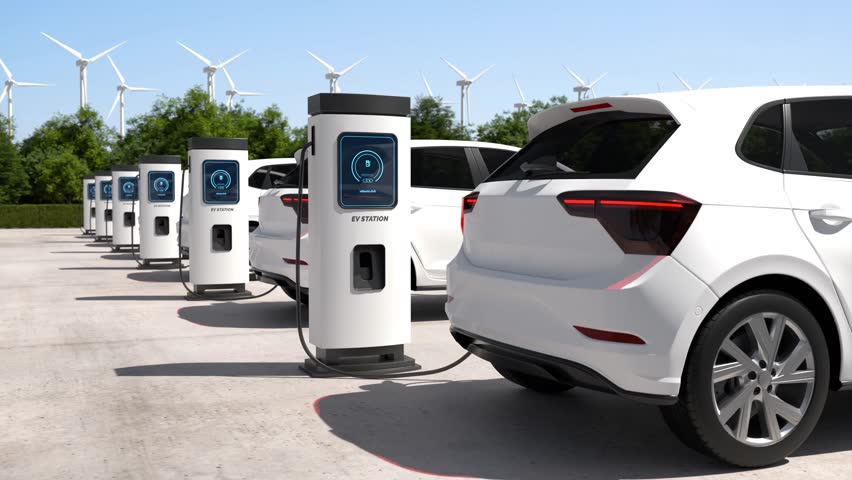Electric car is charging the battery at the Ev charging station