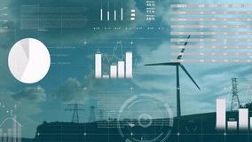 Animation of financial data processing over wind turbines. Global environment, business, connections, computing and data processing concept digitally generated video. - Powered by Shutterstock - Get 15% off with code: PIKWIZARD15