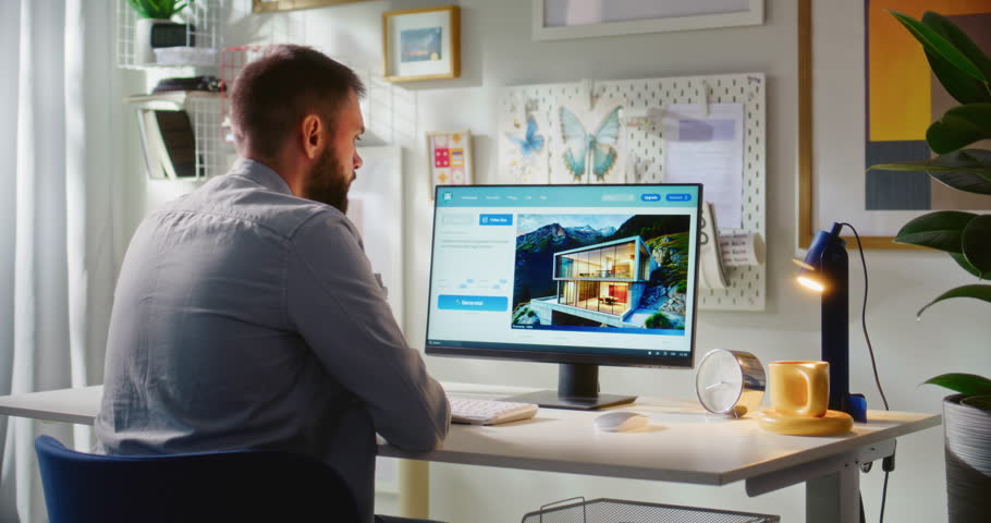 Adult man enters prompt in artificial intelligence app on PC. AI video generator generates detailed video of modern house. From text prompt to realistic generated video. Automated artwork. Back view.
