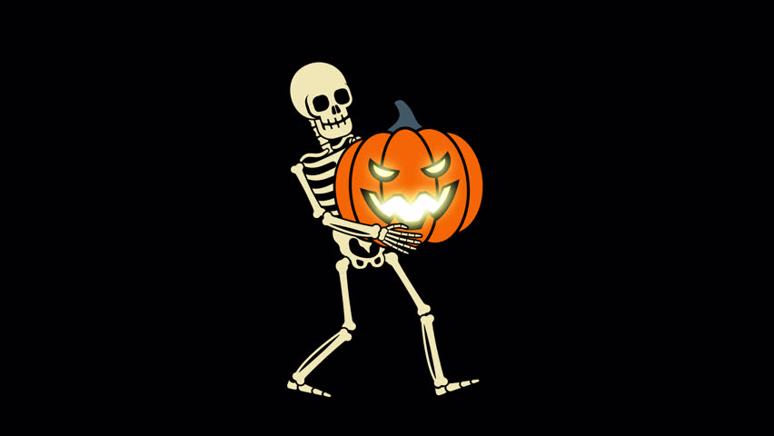 Cartoonish skeleton cradles a grinning pumpkin, illuminated from within. The skeletal figure, enhancing the festive Halloween atmosphere. Looped animation with alpha channel
