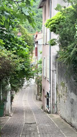 Narrow streets with greenery of medieval town centre.