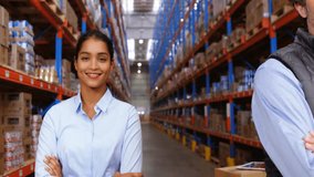 Animation of network of connections over diverse workers smiling in warehouse. Global technology, delivery and digital interface concept digitally generated video. - Powered by Shutterstock - Get 15% off with code: PIKWIZARD15