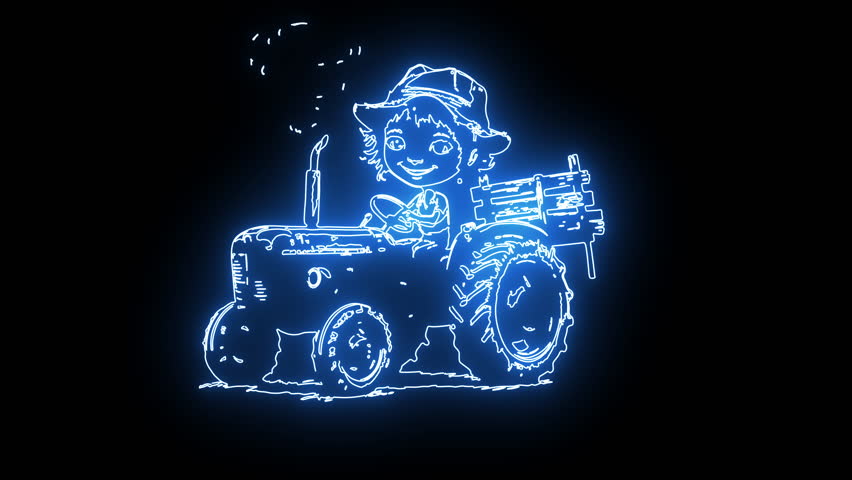 icon of a child riding a tractor with a glowing neon effect
